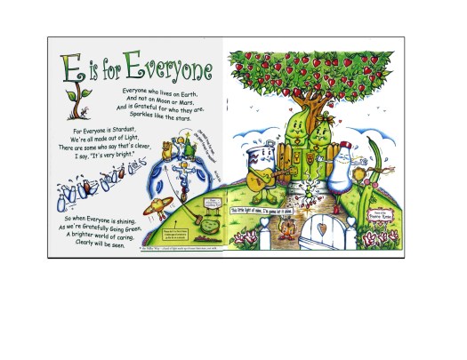 Everyone is happy. Everyone is excited. Because grEen is for Everyone. (Two of the "delicious" pages from Gratefully Going GREEN) Copyright 2012 David J. Hiebert